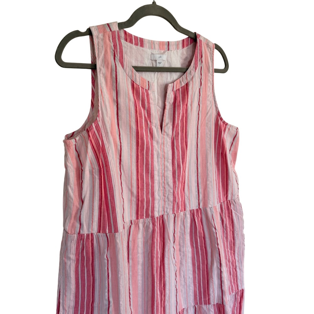 J. Jill Pink Striped Tiered Cotton Midi Dress Sleeveless Large Beach Breezy - Picture 2 of 6